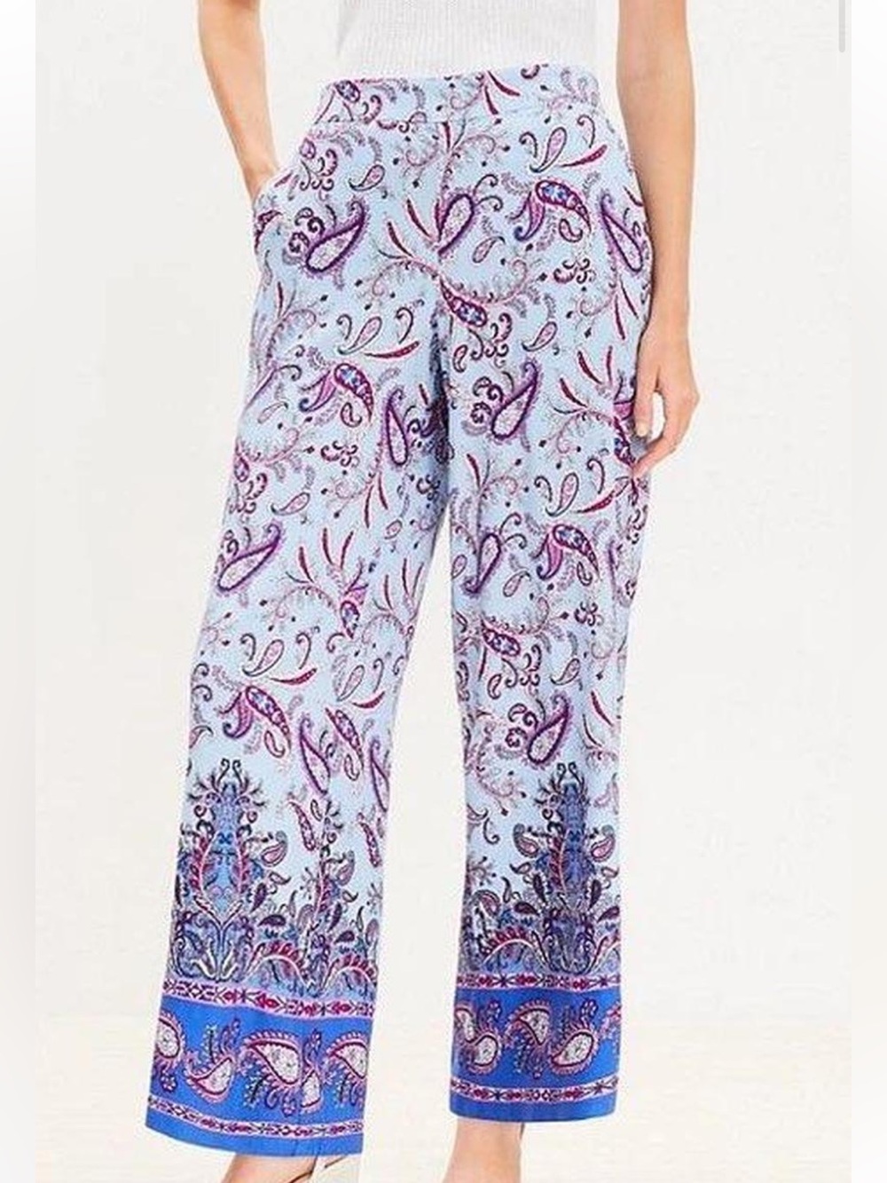 LOFT French Blue Paisley-Print Wide Leg Linen Blend Pull on Pants SZ M